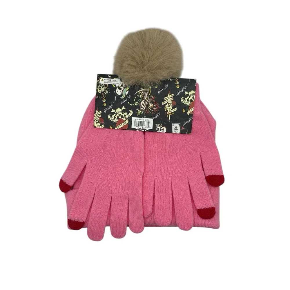Ed Hardy Beanie & Touch Fingers Gloves Set Pink Love Kills Slowly NWT